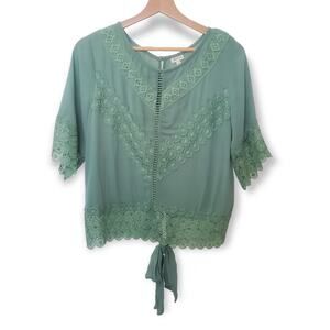 Self Esteem Crochet Lace Trim Bell Sleeve Crop Top Blouse XL